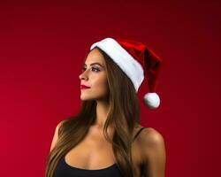 jovem mulher vestindo uma santa chapéu em pé em vermelho fundo, Natal imagem, fotorrealista ilustração foto