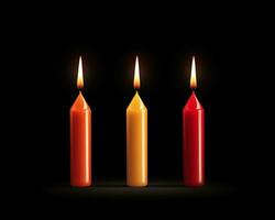 três vermelho velas sentar dentro uma linha perto uma Preto fundo, diwali estoque imagens, realista estoque fotos
