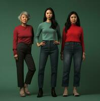 mulheres vestido dentro verde camisa estão posando dentro seus jeans, moderno envelhecimento estoque imagens, ai gerado envelhecimento imagens foto