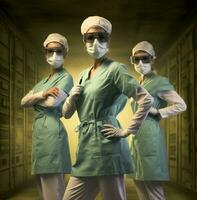 três médico empregados com cirúrgico máscaras posando para uma tomada, médico estoque imagens foto