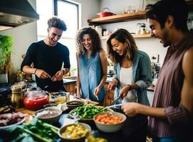 uma grupo do amigos cozinhando jantar juntos dentro a cozinha, mental saúde imagens, fotorrealista ilustração foto