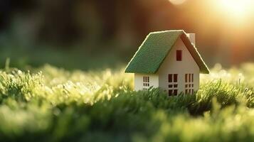 uma casa para a futuro. uma pequeno modelo casa dentro a luz solar. cópia de espaço do casa e vida conceito. ai generativo foto