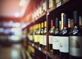 abstrato borrão vinho garrafas em licor álcool prateleiras dentro supermercado loja fundo. generativo ai foto