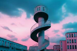 espiral escadas Rosa céu conduzindo acima. gerar ai foto