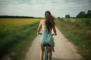 mulher motociclista ciclismo às campo. gerar ai foto