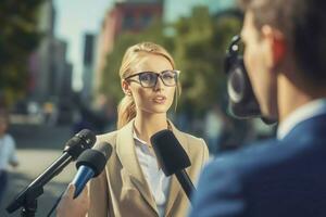 político mulher entrevista. gerar ai foto