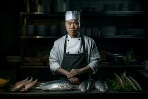 chinês homem cozinhar frutos do mar. gerar ai foto