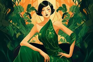 chinês mulher verde vestir arte. gerar ai foto