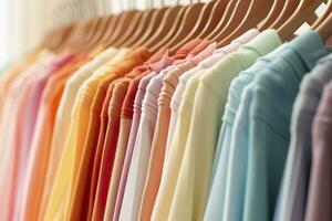 colorida roupas em uma roupas prateleira, pastel colorida armário de roupa dentro uma compras loja ou quarto, arco Iris cor roupas escolha em cabides, casa guarda roupa conceito imagem. ai generativo foto