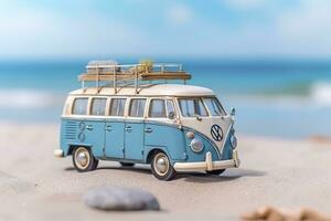 verão viagem, azul carro furgão com bagagem para verão feriados, de praia mar visualizar, férias, ai generativo foto
