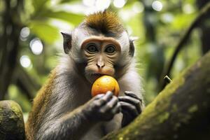 fechar acima do macaco comendo fruta dentro a selva. generativo ai foto