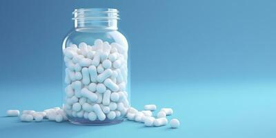 branco pílulas a partir de plástico remédio garrafas em azul fundo com cópia de espaço. remédio e saúde conceito. 3d Renderização. ai generativo foto