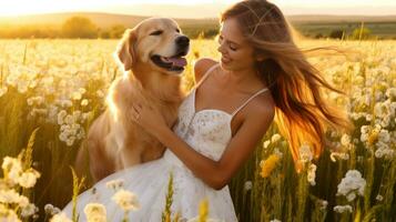 uma jovem menina dentro uma branco vestir é abraçando uma dourado retriever dentro uma campo do flores silvestres, mental saúde imagens, fotorrealista ilustração foto