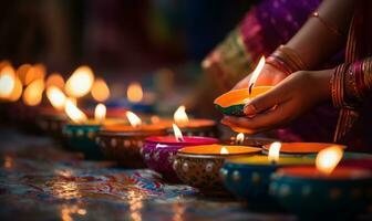 fêmea mãos iluminação pequeno chá luz velas durante Diwali, diwali estoque imagens, realista estoque fotos