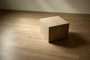 uma cartão caixa sentado em uma de madeira chão, generativo ai foto