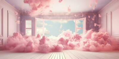 generativo ai, Rosa magenta fantástico 3d nuvens dentro a quarto interior, céu e panorama. □ Gentil cores e com brilhante luzes. foto