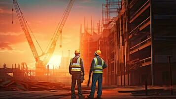 dois construção trabalhadores em pé de uma ampla construção às pôr do sol, industrial maquinaria estoque fotos