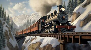 uma vapor locomotiva cruzando uma neve coberto ponte dentro a montanhas, industrial maquinaria estoque fotos