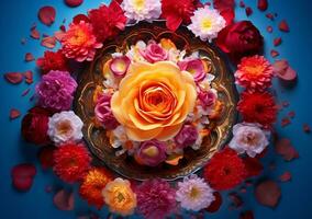rangoli decoração do a laranja flor dentro uma tigela, diwali estoque imagens, realista estoque fotos