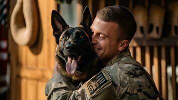 uma soldado abraçando dele cachorro depois de retornando casa a partir de Implantação, mental saúde imagens, fotorrealista ilustração foto
