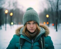 uma menina em pé dentro uma inverno parque vestindo uma inverno Jaqueta e uma boné estoque foto Djsansino, Natal imagem, fotorrealista ilustração