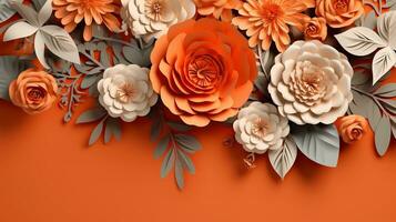 generativo ai, papel cortar construir flores e folhas, Damasco A paixão súbita laranja cor, origami texturizado fundo, Primavera humor. floral quadro, Armação disposição.. foto