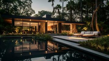 generativo ai, Visão do natação piscina dentro frente do uma moderno luxo casa iluminado dentro a tarde foto