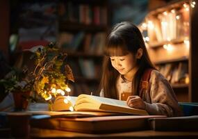 fofa crianças bebê menina sorridente e lendo livro dentro vivo quarto às casa noite iluminação. Educação Aprendendo às casa conceito. generativo de ai. foto