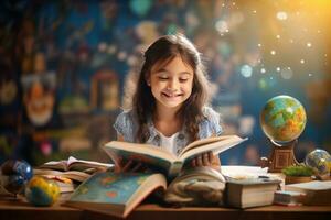 fofa crianças bebê menina sorridente e lendo livro dentro vivo quarto às casa noite iluminação. Educação Aprendendo às casa conceito. generativo de ai. foto