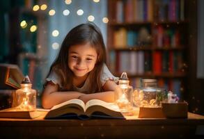 fofa crianças bebê menina sorridente e lendo livro dentro vivo quarto às casa noite iluminação. Educação Aprendendo às casa conceito. generativo de ai. foto