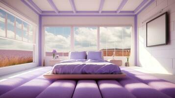 generativo ai, fantasia roxa relaxar quarto com sonhadores cama e lindo panorama com nuvens. quarto dentro calma lavanda e tolet cores. foto