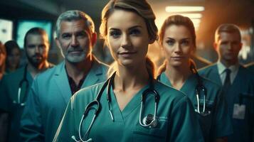 equipe do médico trabalhadores médicos sorridente dentro hospital, remédio e cuidados de saúde conceito foto