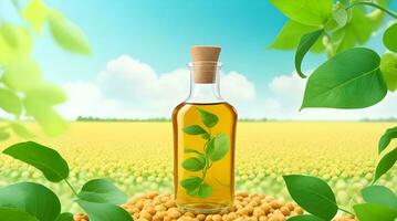 mostruário uma promocional imagem para uma soja óleo marca. usar flutuando soja e soja óleo para simbolizar a natural e saudável qualidades do a produtos contra uma verde fundo foto