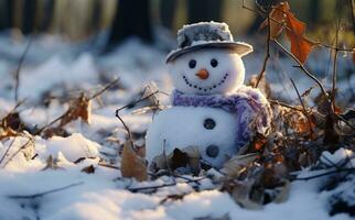 uma boneco de neve dentro inverno fundo foto