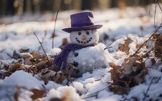 uma boneco de neve dentro inverno fundo foto