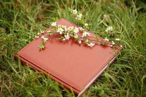 livro de fotos na grama. um álbum de fotos de couro em uma grama com um ramo de cerejeira em flor