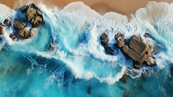 topo Visão do lindo azul mar ondas e arenoso de praia com pedras e recifes. ai gerado foto