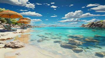 lindo paraíso arenoso de praia de a mar com Sol espreguiçadeiras para relaxante dentro uma recorrer dentro uma caloroso tropical sulista país. ai gerado foto