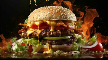 delicioso suculento hamburguer com carne carne costeletas e queijo com verduras com sésamo semente pãezinhos. velozes Comida. ai gerado foto