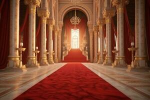 a vermelho tapete às a Entrada para a Palácio, 3d render ai generativo foto