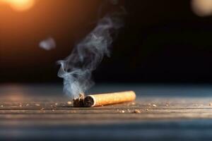 cigarro butts e cinzeiro em uma Sombrio fundo generativo ai foto