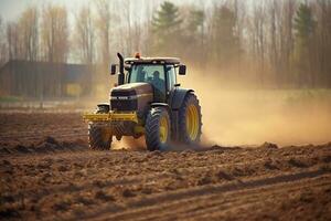 agricultor dentro trator preparando terra com canteiro cultivador às Primavera generativo ai foto