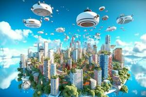 futurista cidade com vôo pires dentro a azul céu ai gerado foto
