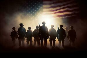 silhuetas do soldados em a fundo do a bandeira do a Unidos estados do América ai gerado foto