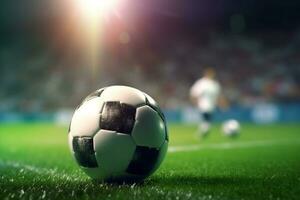 futebol bola em a verde grama. 3d ilustração. Esportes fundo. ai generativo foto