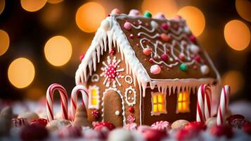 uma fechar-se tiro do uma Pão de gengibre casa, Natal imagem, fotorrealista ilustração foto