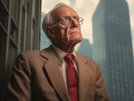Senior homem com uma gravata olhando às uma Alto subir prédio, patrão dia imagens foto