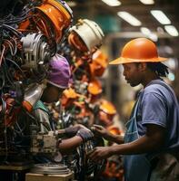 dois industrial trabalhadores dentro chapéus olhando às robôs às a montagem linha, industrial maquinaria estoque fotos