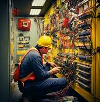 uma homem verificação uma multímetro e fiação equipamento dentro do uma instalação, industrial maquinaria estoque fotos