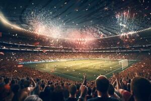 digital futebol ou futebol estádio às noite com multidão do fãs. 3d Renderização ai gerado foto